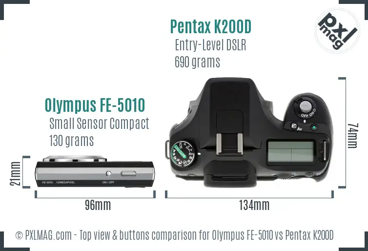 Olympus FE-5010 vs Pentax K200D top view buttons comparison
