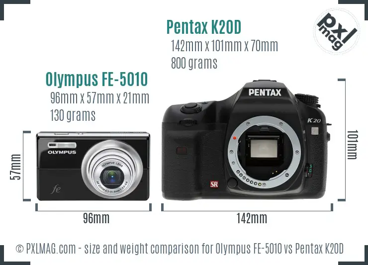 Olympus FE-5010 vs Pentax K20D size comparison