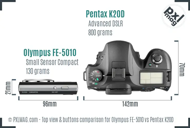 Olympus FE-5010 vs Pentax K20D top view buttons comparison