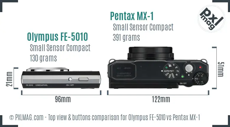 Olympus FE-5010 vs Pentax MX-1 top view buttons comparison