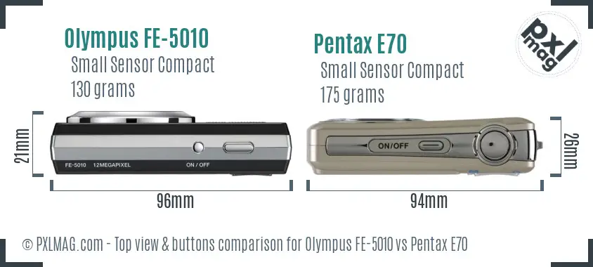 Olympus FE-5010 vs Pentax E70 top view buttons comparison