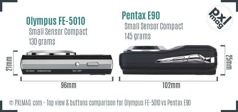 Olympus FE-5010 vs Pentax E90 top view buttons comparison