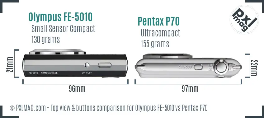 Olympus FE-5010 vs Pentax P70 top view buttons comparison