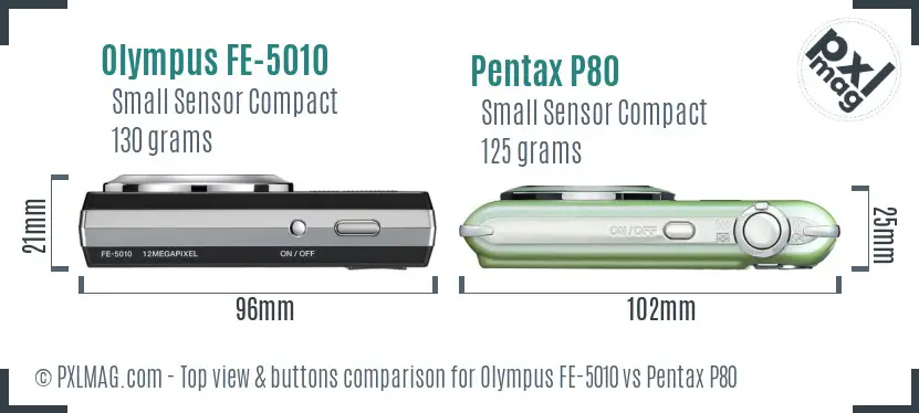Olympus FE-5010 vs Pentax P80 top view buttons comparison