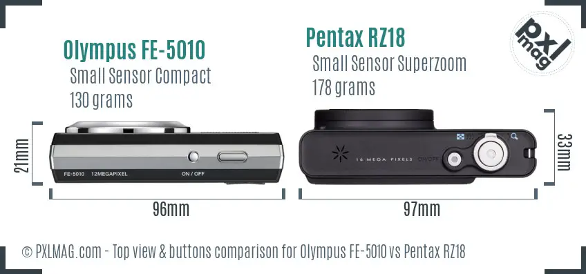 Olympus FE-5010 vs Pentax RZ18 top view buttons comparison