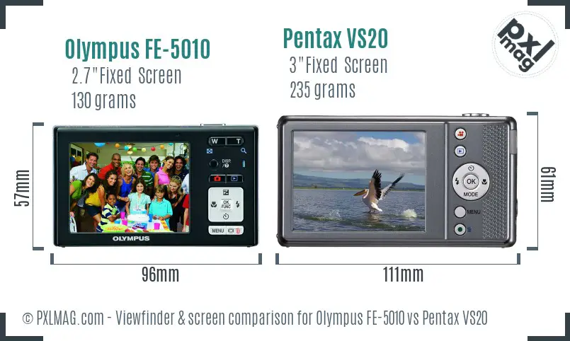 Olympus FE-5010 vs Pentax VS20 Screen and Viewfinder comparison