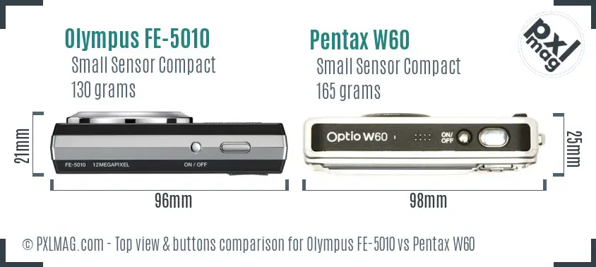 Olympus FE-5010 vs Pentax W60 top view buttons comparison