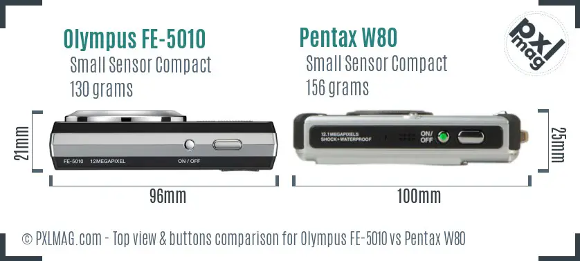 Olympus FE-5010 vs Pentax W80 top view buttons comparison