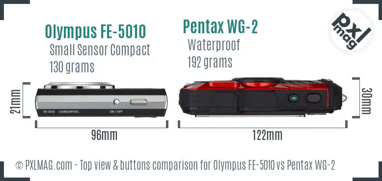Olympus FE-5010 vs Pentax WG-2 top view buttons comparison