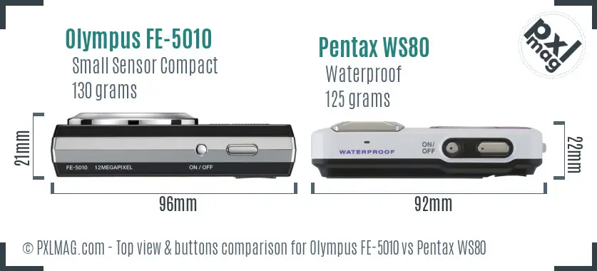 Olympus FE-5010 vs Pentax WS80 top view buttons comparison