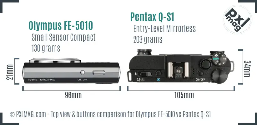 Olympus FE-5010 vs Pentax Q-S1 top view buttons comparison