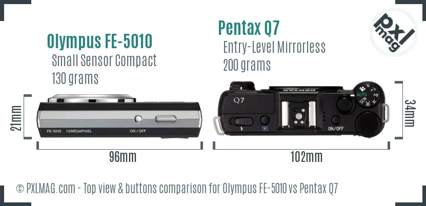 Olympus FE-5010 vs Pentax Q7 top view buttons comparison