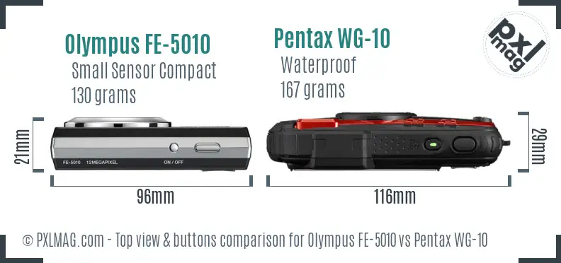 Olympus FE-5010 vs Pentax WG-10 top view buttons comparison