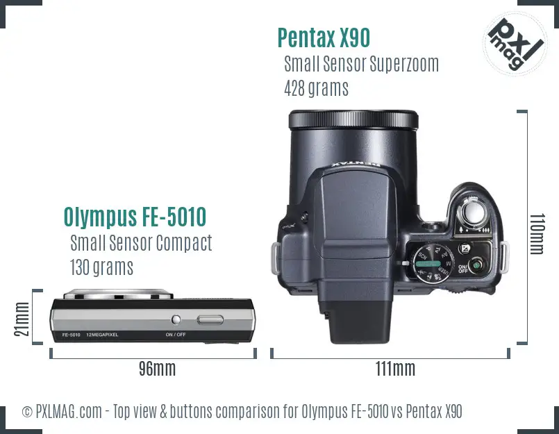 Olympus FE-5010 vs Pentax X90 top view buttons comparison