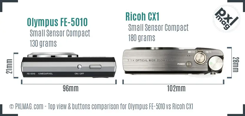 Olympus FE-5010 vs Ricoh CX1 top view buttons comparison