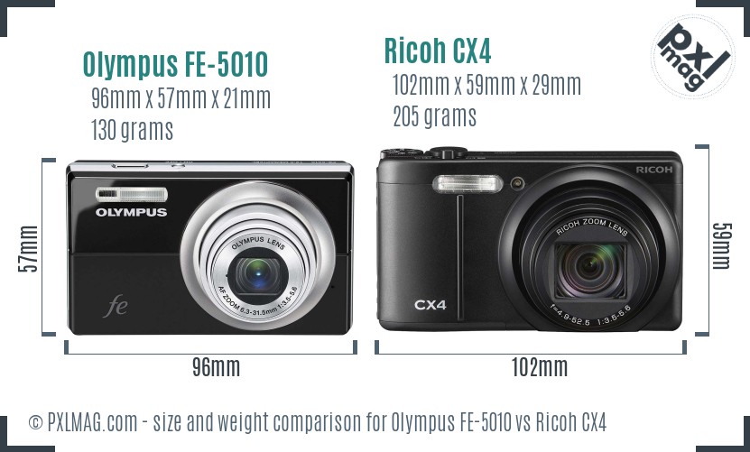 Olympus FE-5010 vs Ricoh CX4 size comparison Olympus FE-5010 vs Ricoh CX4 size comparison