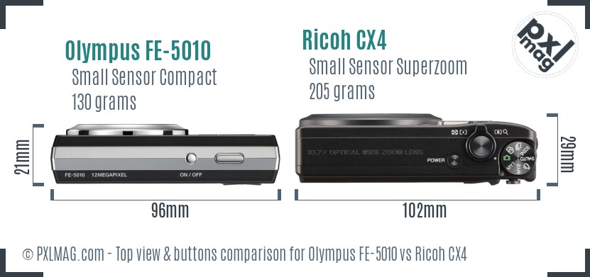 Olympus FE-5010 vs Ricoh CX4 top view buttons comparison
