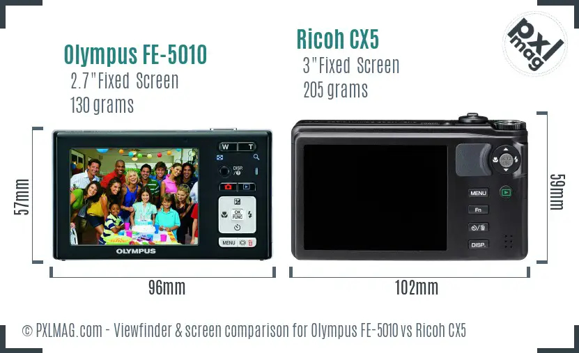 Olympus FE-5010 vs Ricoh CX5 Screen and Viewfinder comparison