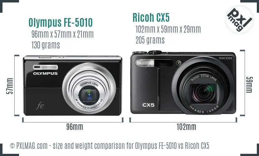 Olympus FE-5010 vs Ricoh CX5 size comparison
