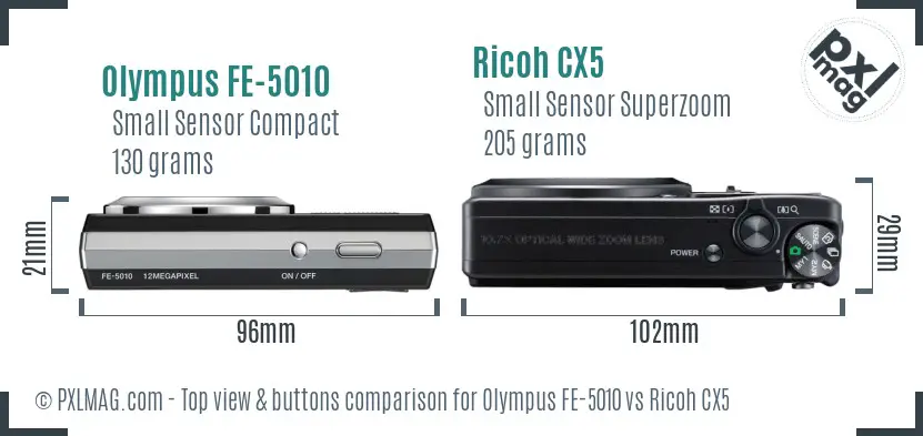 Olympus FE-5010 vs Ricoh CX5 top view buttons comparison