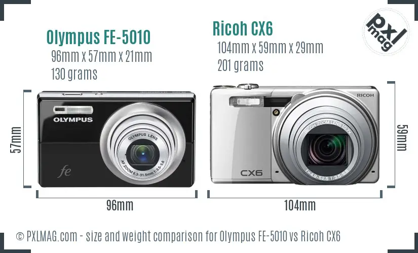 Olympus FE-5010 vs Ricoh CX6 size comparison
