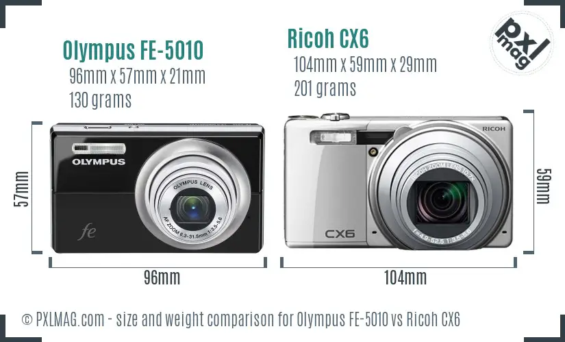 Olympus FE-5010 vs Ricoh CX6 size comparison Olympus FE-5010 vs Ricoh CX6 size comparison