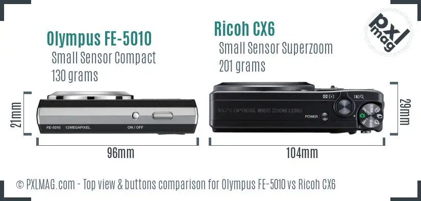 Olympus FE-5010 vs Ricoh CX6 top view buttons comparison Olympus FE-5010 vs Ricoh CX6 top view buttons comparison