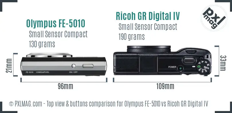 Olympus FE-5010 vs Ricoh GR Digital IV top view buttons comparison