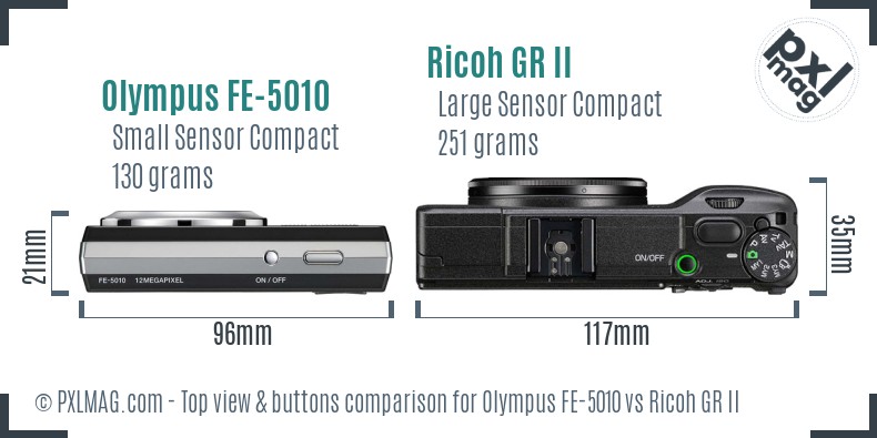 Olympus FE-5010 vs Ricoh GR II top view buttons comparison