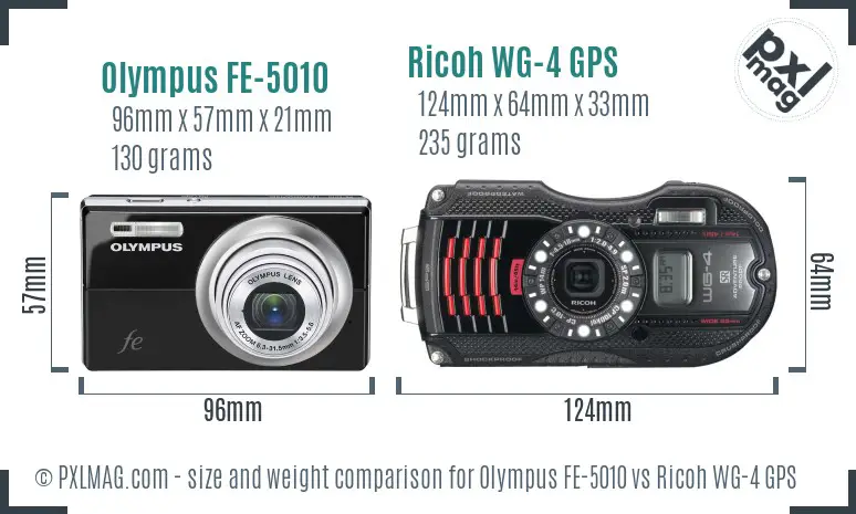 Olympus FE-5010 vs Ricoh WG-4 GPS size comparison Olympus FE-5010 vs Ricoh WG-4 GPS size comparison