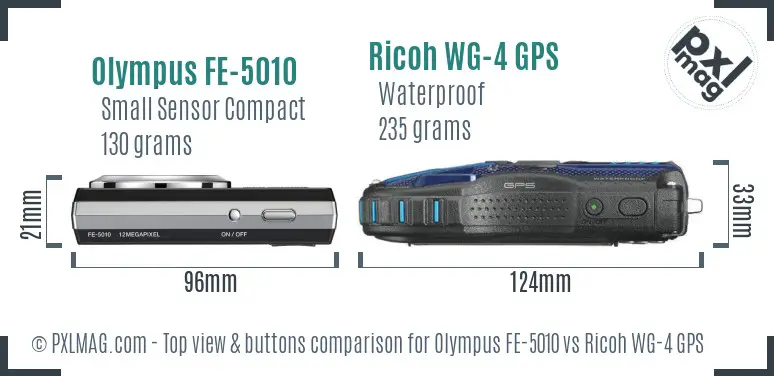 Olympus FE-5010 vs Ricoh WG-4 GPS top view buttons comparison Olympus FE-5010 vs Ricoh WG-4 GPS top view buttons comparison