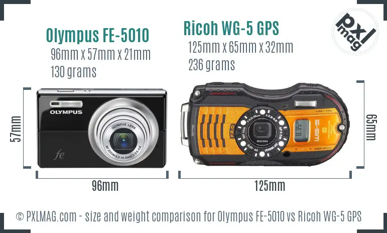Olympus FE-5010 vs Ricoh WG-5 GPS size comparison Olympus FE-5010 vs Ricoh WG-5 GPS size comparison