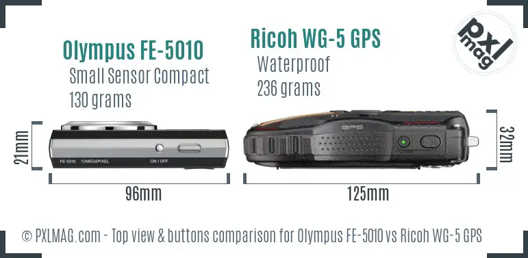 Olympus FE-5010 vs Ricoh WG-5 GPS top view buttons comparison