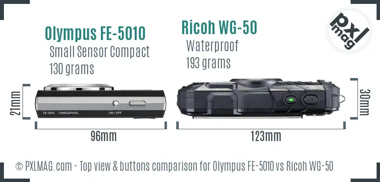 Olympus FE-5010 vs Ricoh WG-50 top view buttons comparison