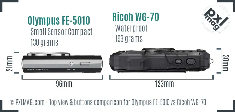 Olympus FE-5010 vs Ricoh WG-70 top view buttons comparison