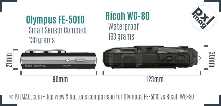 Olympus FE-5010 vs Ricoh WG-80 top view buttons comparison