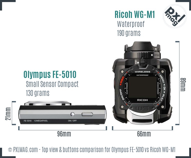 Olympus FE-5010 vs Ricoh WG-M1 top view buttons comparison