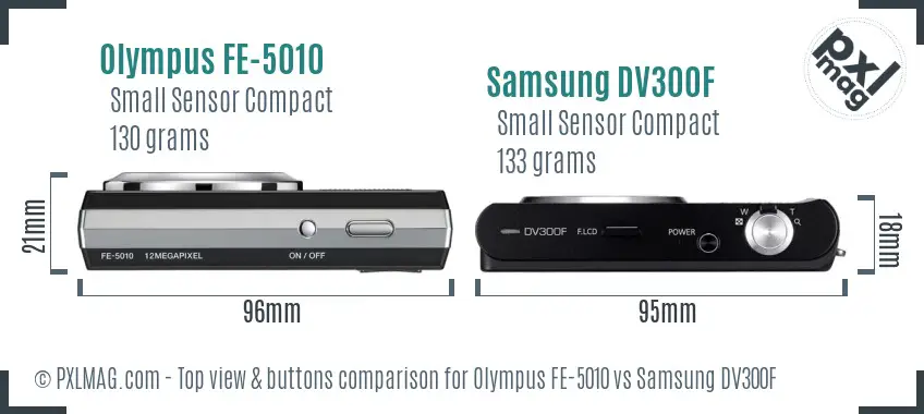 Olympus FE-5010 vs Samsung DV300F top view buttons comparison