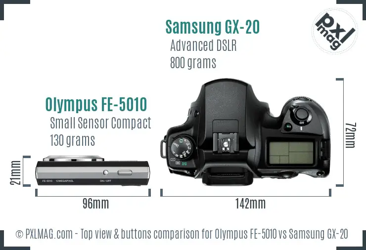 Olympus FE-5010 vs Samsung GX-20 top view buttons comparison