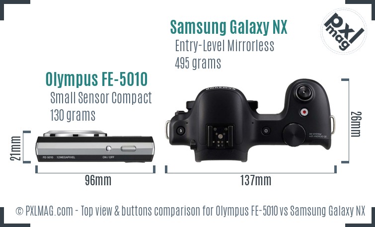 Olympus FE-5010 vs Samsung Galaxy NX top view buttons comparison
