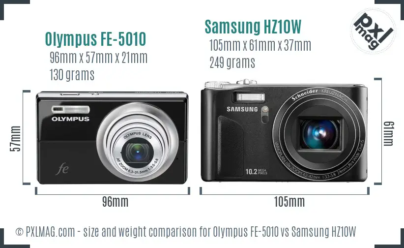 Olympus FE-5010 vs Samsung HZ10W size comparison