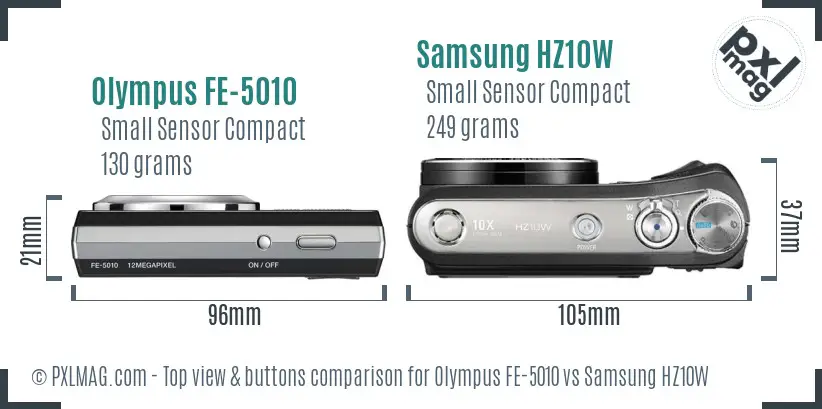 Olympus FE-5010 vs Samsung HZ10W top view buttons comparison