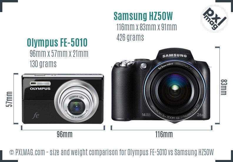 Olympus FE-5010 vs Samsung HZ50W size comparison