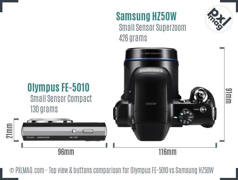 Olympus FE-5010 vs Samsung HZ50W top view buttons comparison