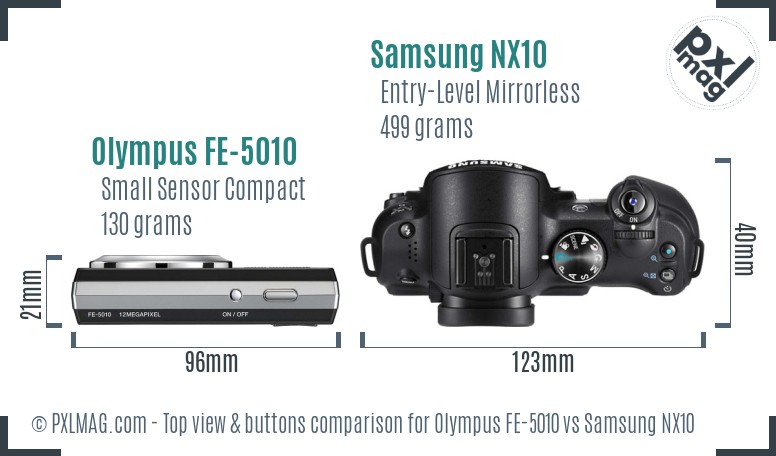 Olympus FE-5010 vs Samsung NX10 top view buttons comparison