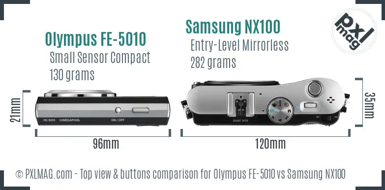 Olympus FE-5010 vs Samsung NX100 top view buttons comparison