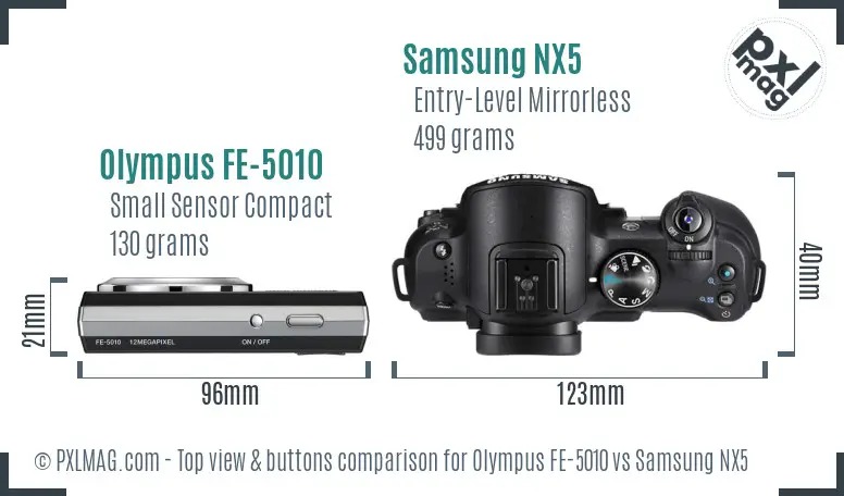 Olympus FE-5010 vs Samsung NX5 top view buttons comparison