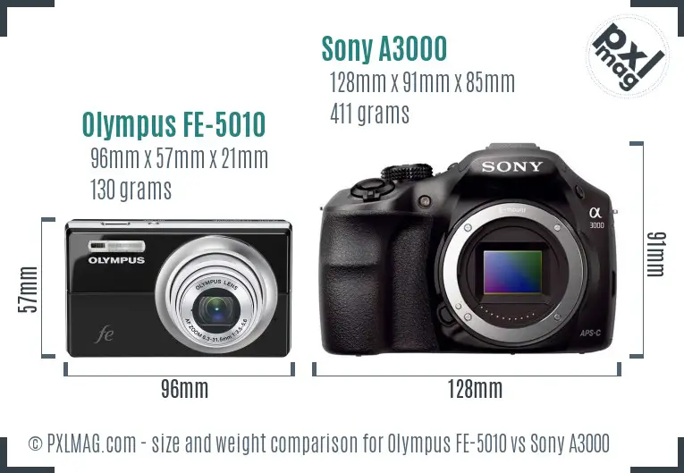 Olympus FE-5010 vs Sony A3000 size comparison