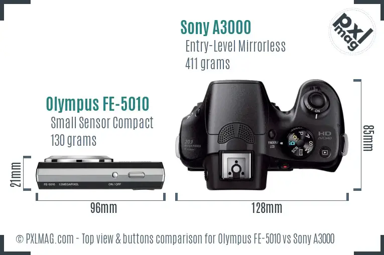 Olympus FE-5010 vs Sony A3000 top view buttons comparison