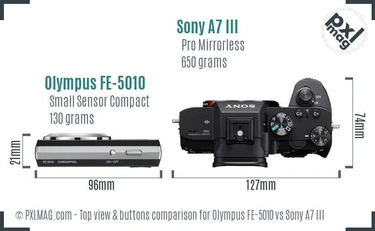 Olympus FE-5010 vs Sony A7 III top view buttons comparison